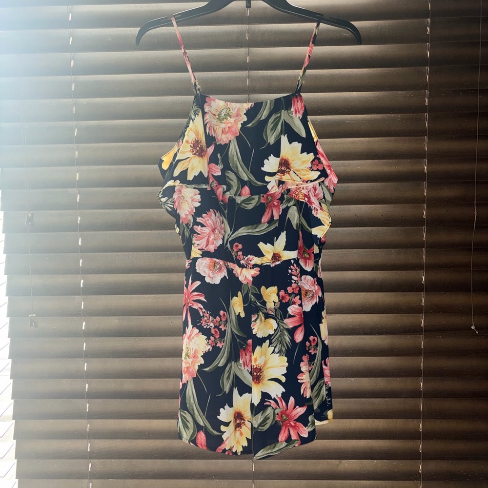 Alexia Admor Black Floral Spaghetti-Strap Mini Dress with Pink & Yellow Flowers